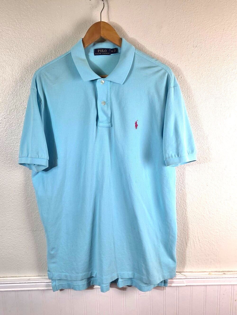 Polo Ralph Lauren Mens XL Blue Polo Shirt Pink Pony Short Sleeve Cotton Stretch